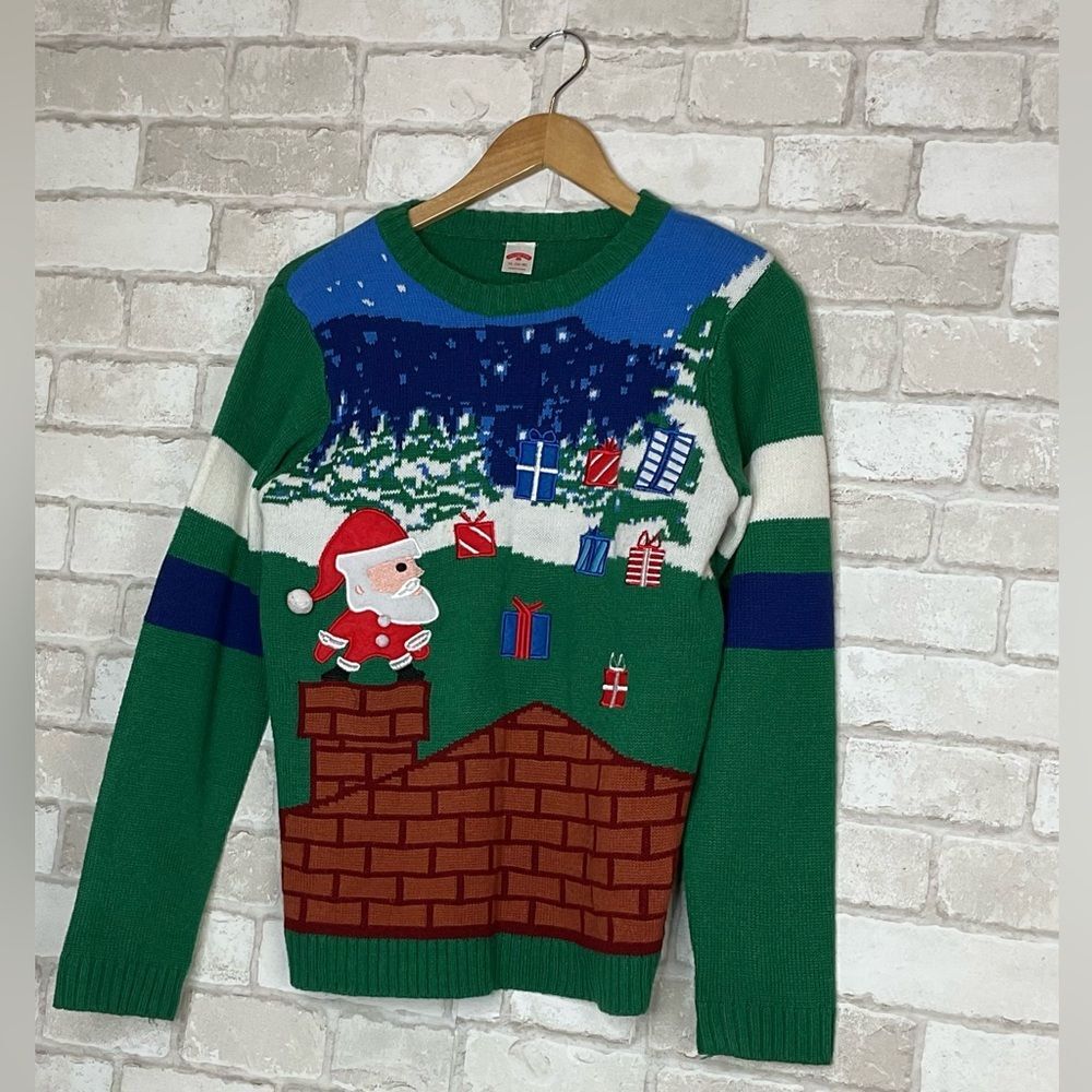 Festive Knit Green Christmas Santa Crewneck Size XL 14-16 - Picture 2 of 16